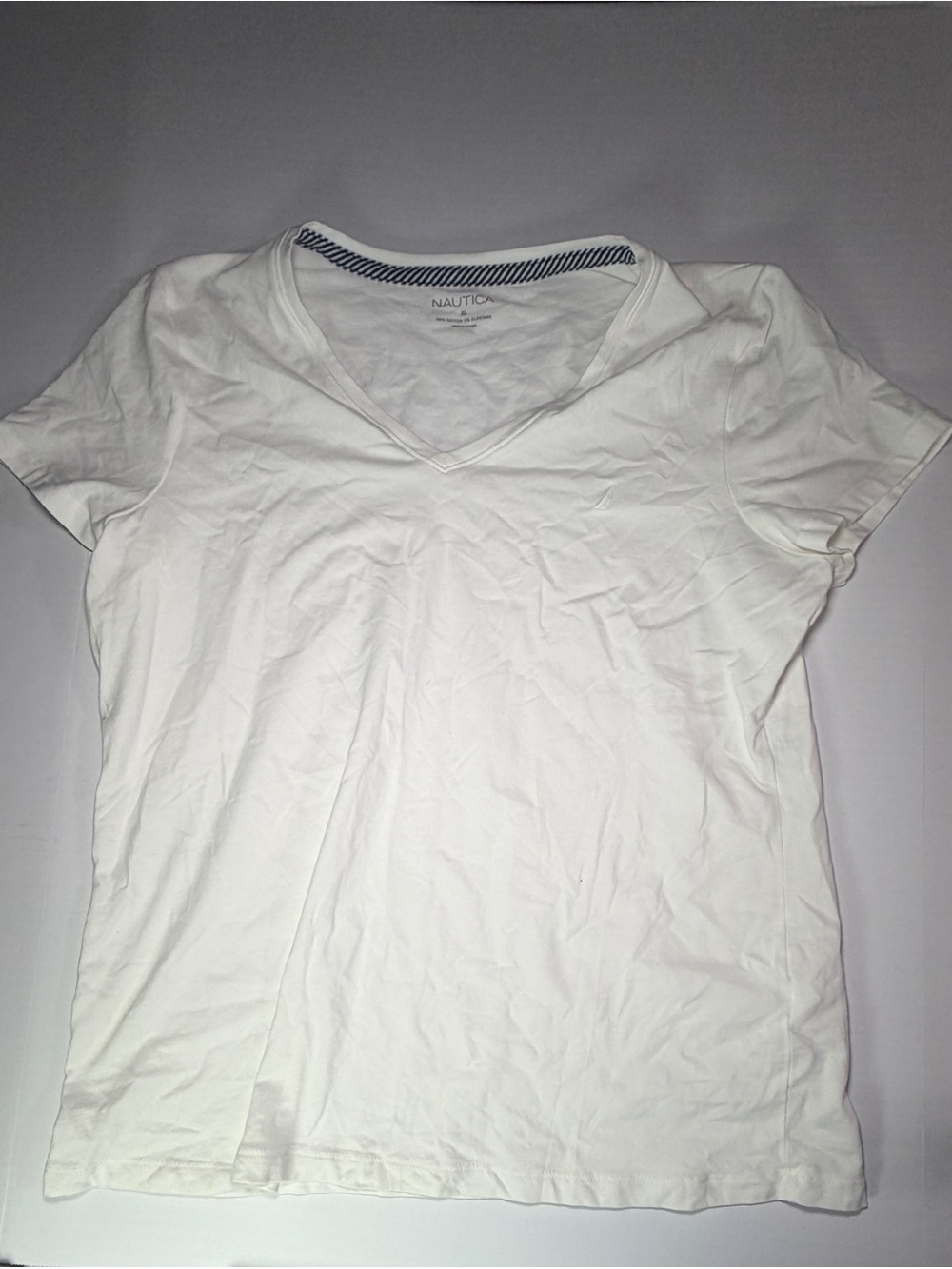 Nautica Women's White V-Neck Short Sleeve Tee with Subtle Stripe Neck Detail